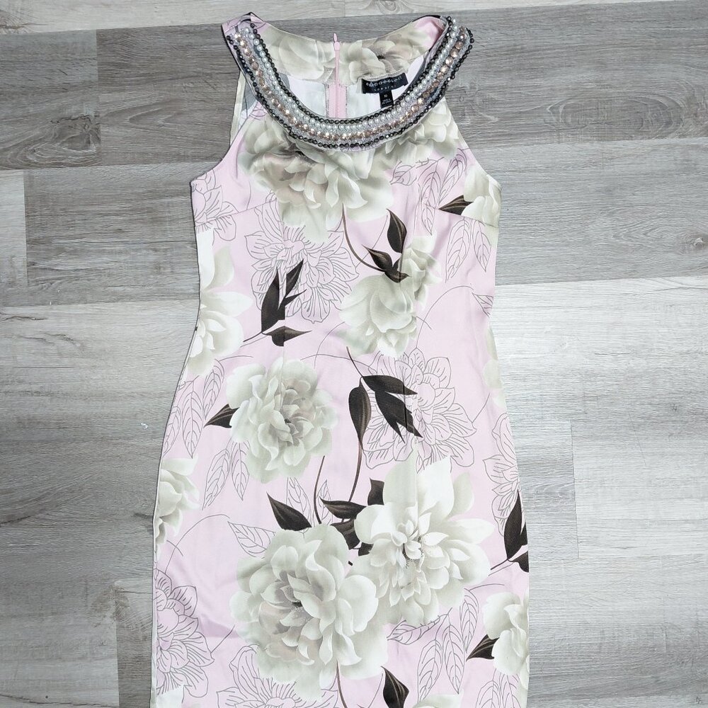 A-line Short Sundress-Large White Roses-Pink Silver Beaded High Halter Neckline